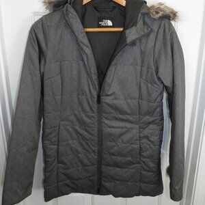 THE NORTH FACE Womens Harway Parka Jacket Medium Gray Zip Hooded Faux Fur